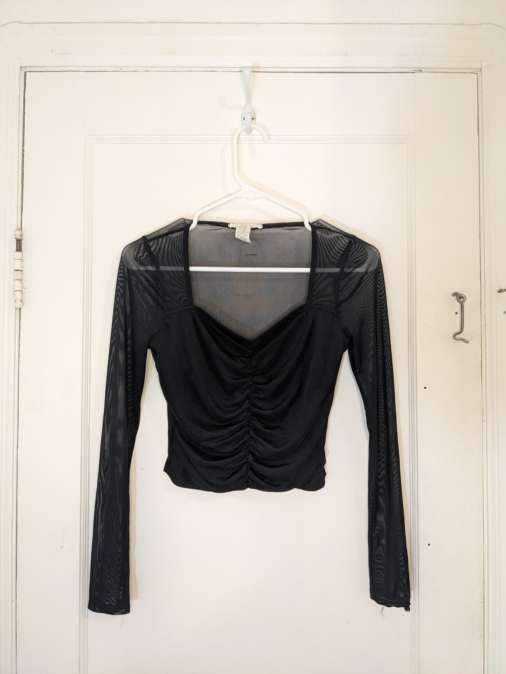 Caution To The Wind Black Ruched Mesh Long-Sleeve Crop Top